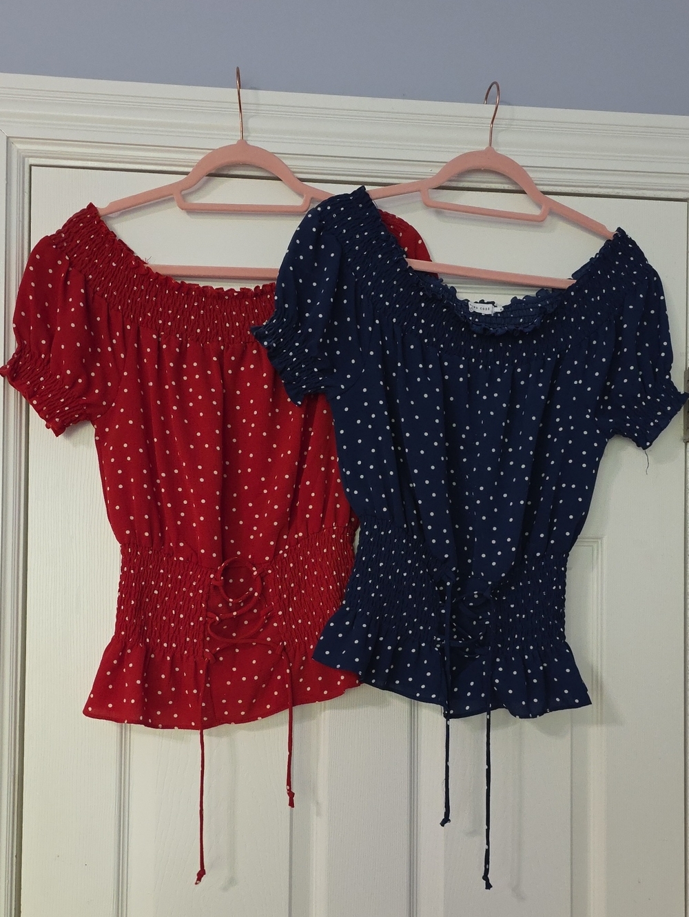Mind Code Polka Dot Off-Shoulder Tops in Red and Navy